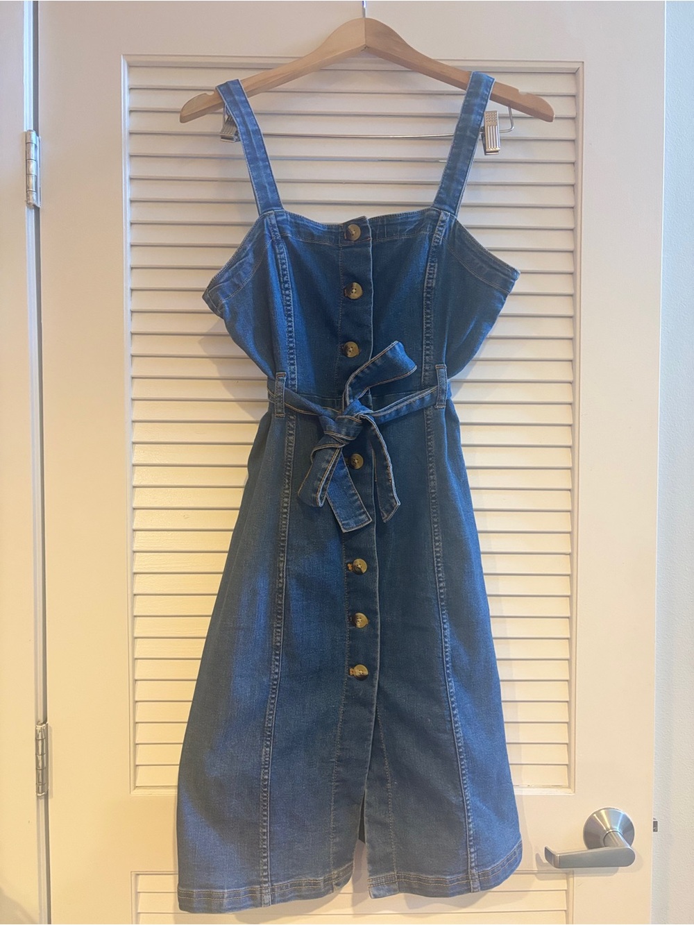 Divided Blue Denim Button-Front Midi Dress with Tie Waist